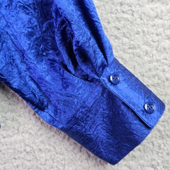 Vintage Howard Wolf Cobalt Blue Crinkle Puff Sleeve Button Up Top Statement 80s - Picture 12 of 15